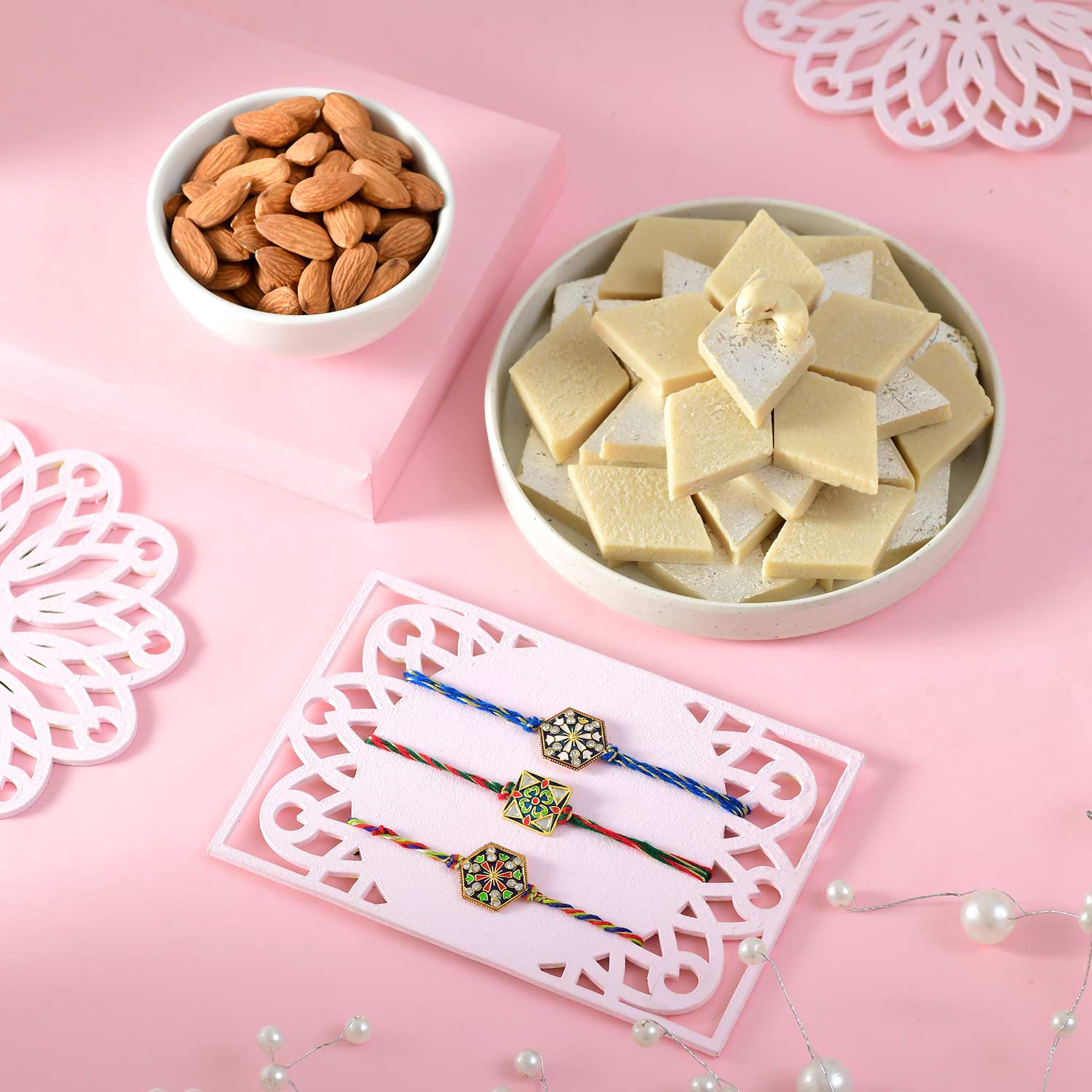 3 Meenakari Rakhi Set With Kaju Katli & Almonds