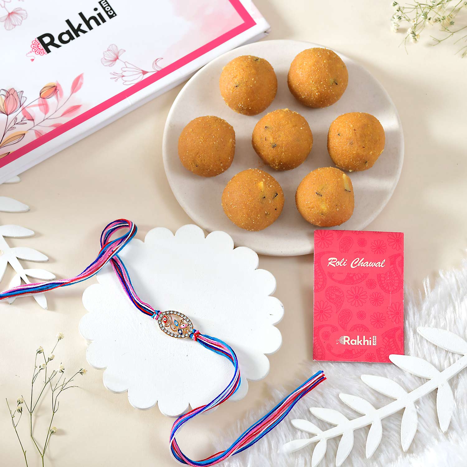 Designer Evil Eye Rakhi With Besan Laddu