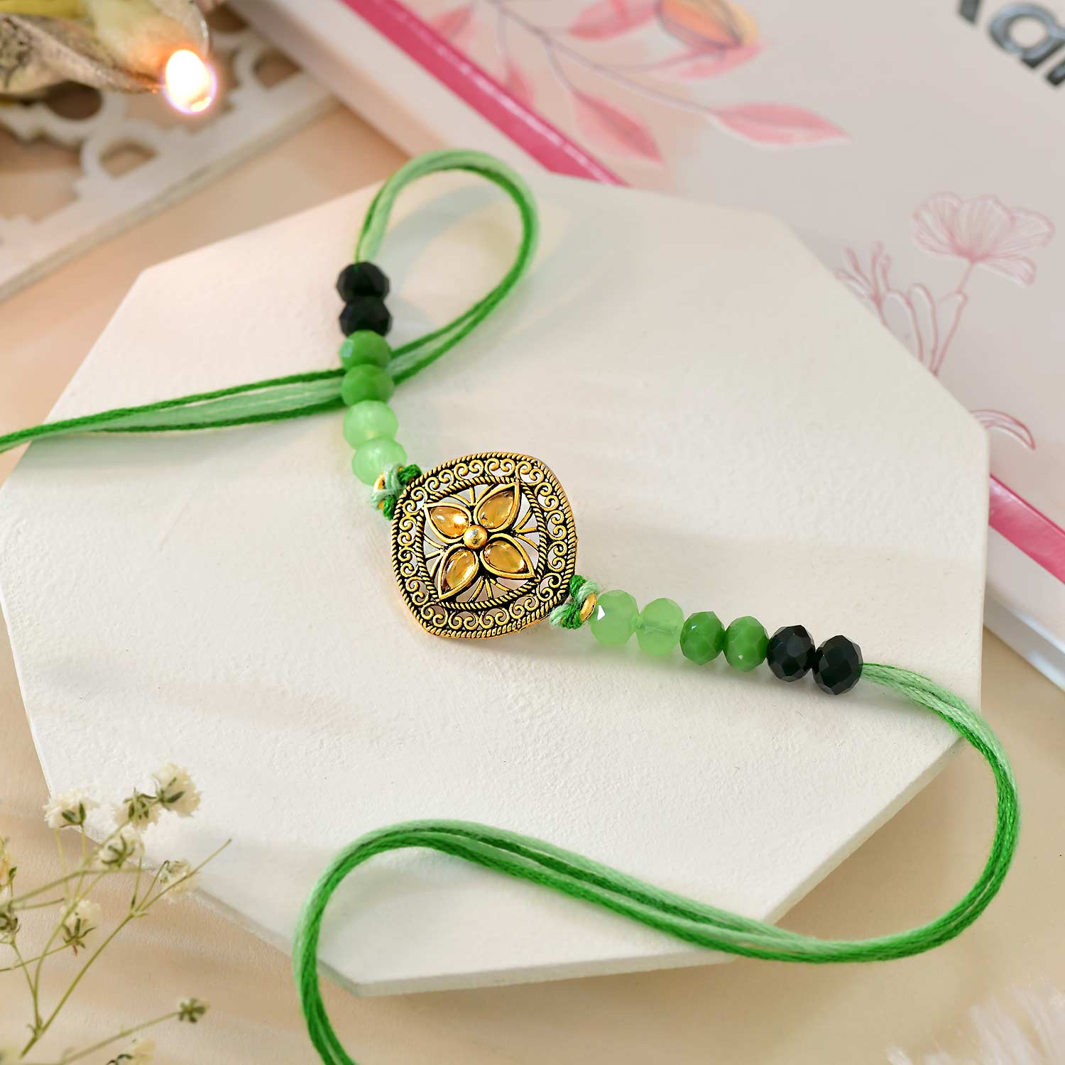 Designer Olive Green Golden Rakhi With Soan Papdi