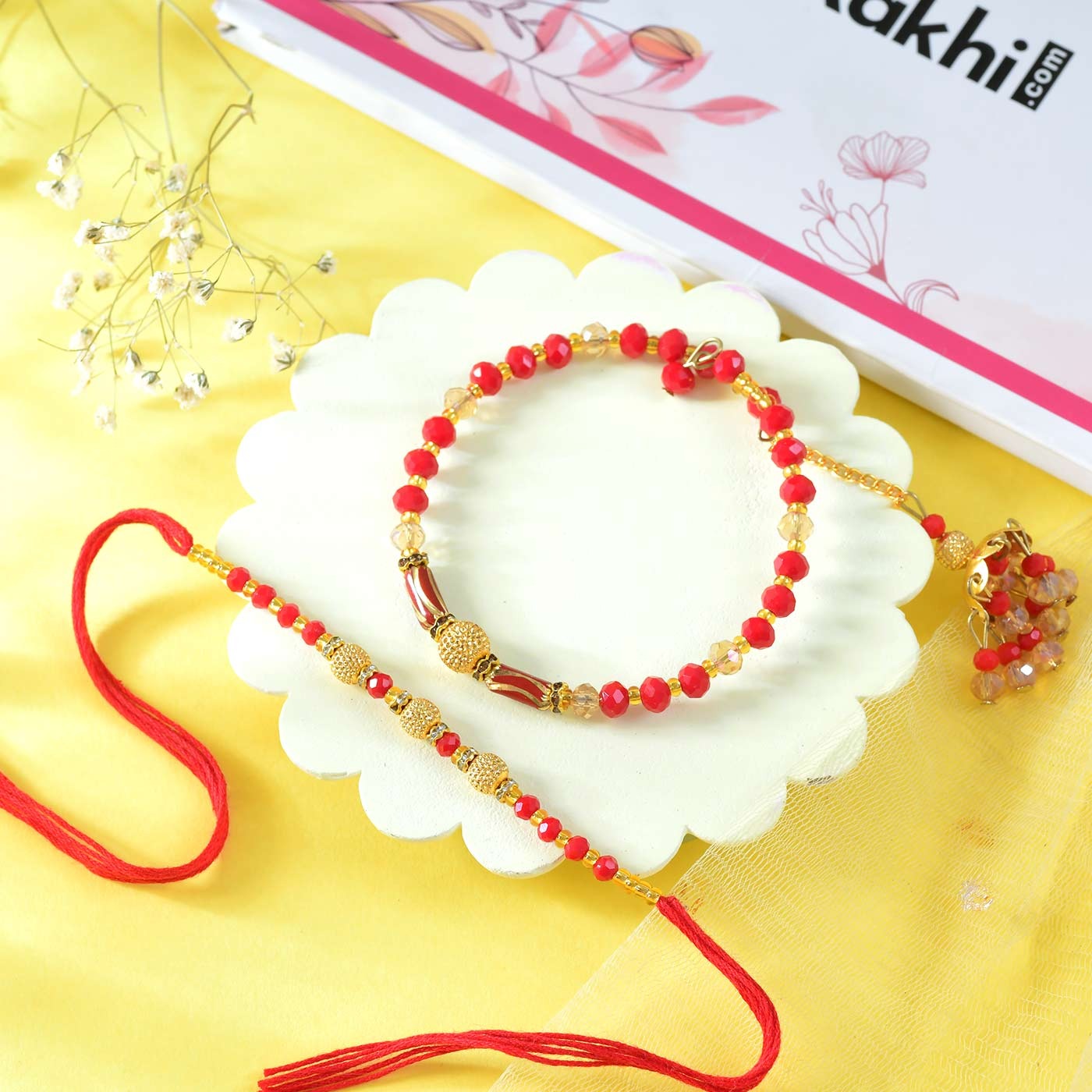 Rajwadi Red Bhaiya Bhabhi Rakhi Set With Besan Laddu