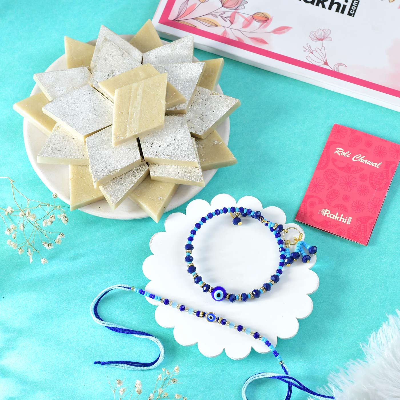Rajwadi Blue Bhaiya Bhabhi Rakhi With Kaju Katli