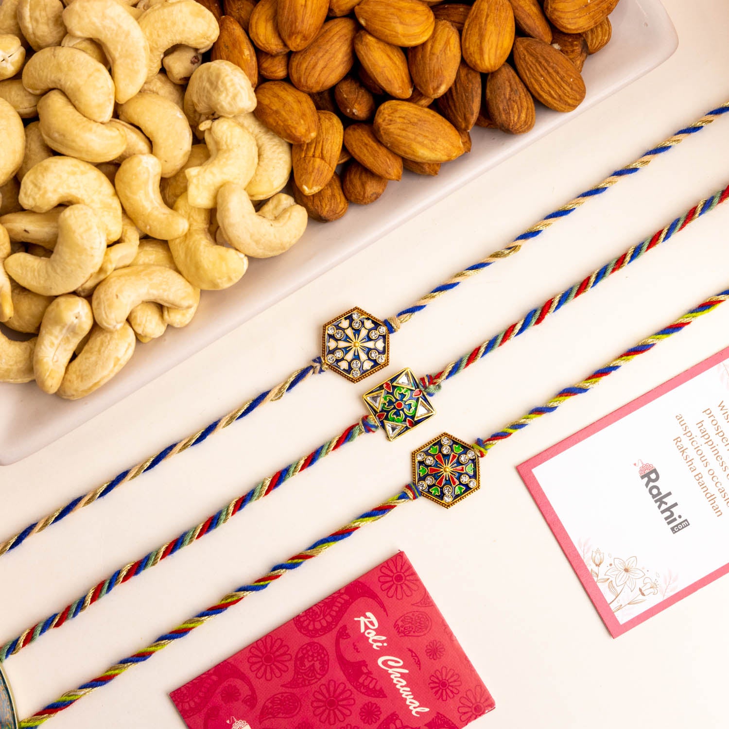 3 Meenakari Rakhi Set With Dry Fruits
