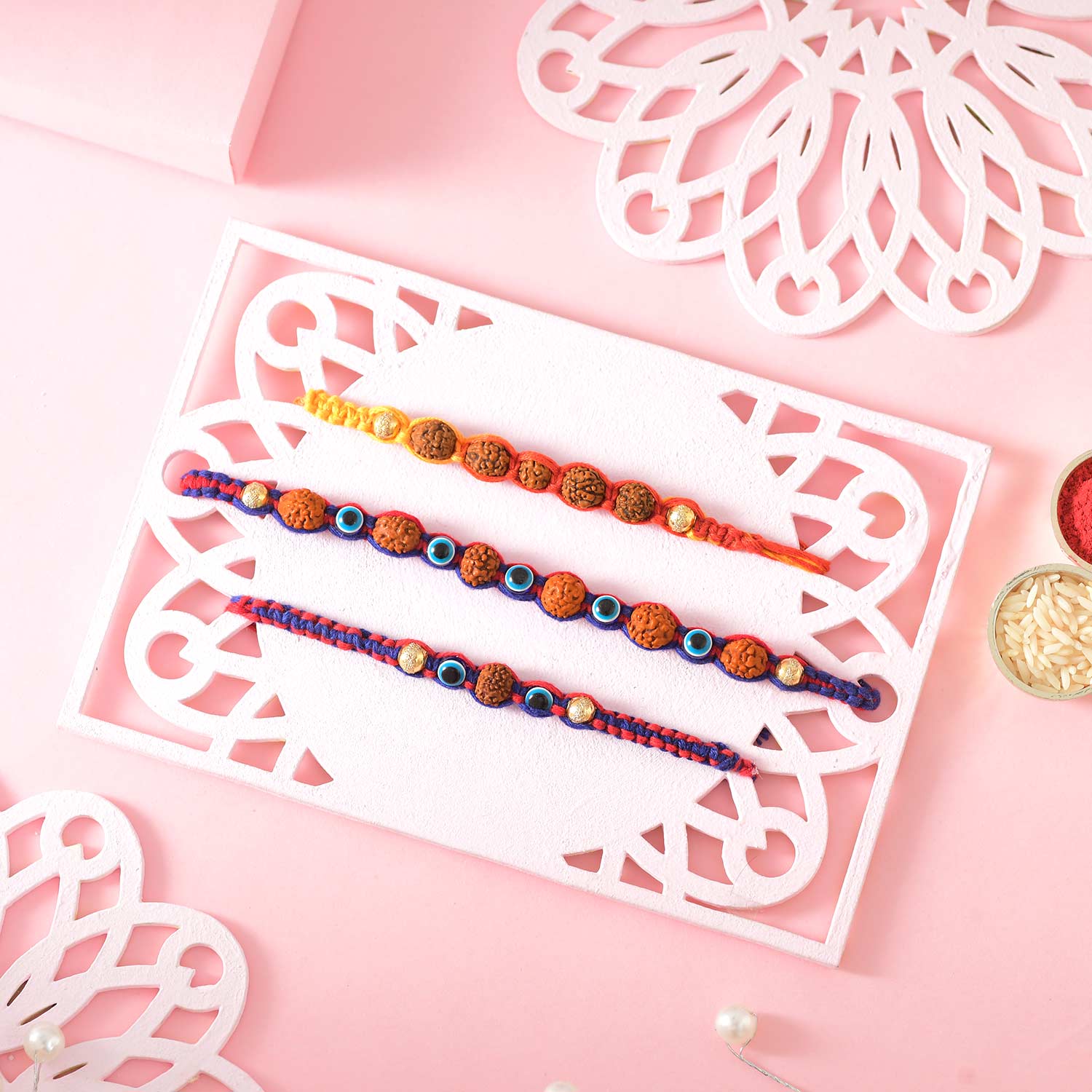 Hand Crafted 3 Rudraksh Rakhi With Ferrero Rocher