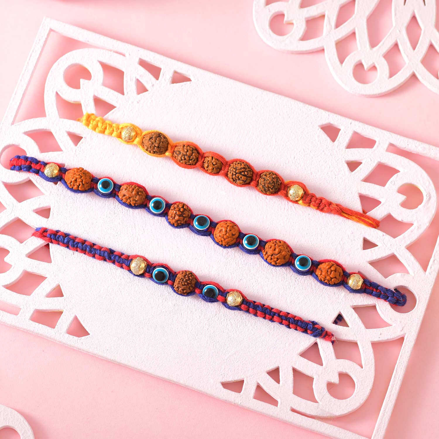 Hand Crafted 3 Rudraksh Rakhi With Kaju Katli